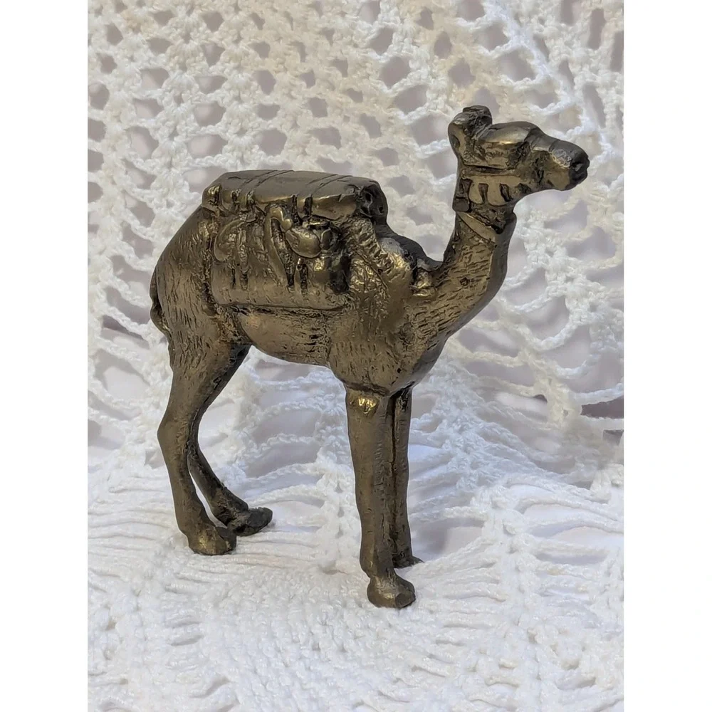 Vintage Brass Camel Figurine Dromedary with Packs Miniature Statue Desert Decor
